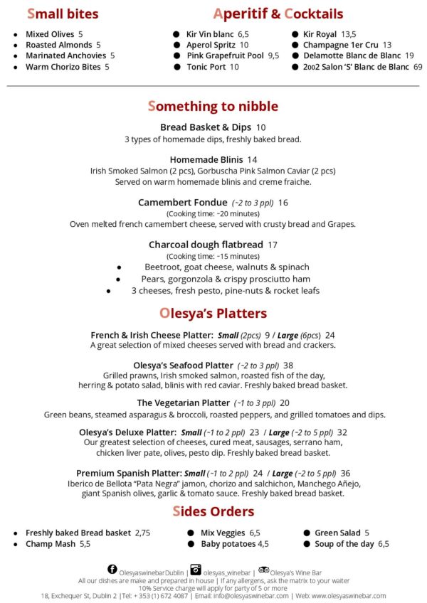 Menus Olesya's Wine Bar